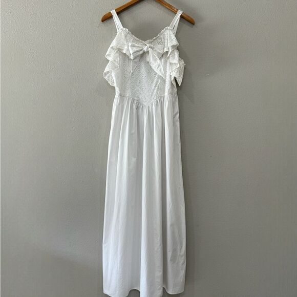 BATSHEVA A-Line Maxi Dress White Size 2 Eyelet Lace Ruffle‎ Corset Shape Bodice - Picture 6 of 15